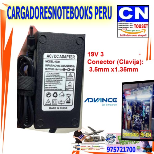 cargador laptop advance 19v 3a 3.5mm x 1.35mm